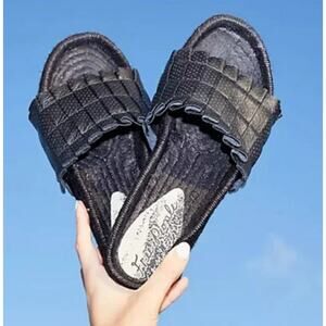 FREE PEOPLE Island Time black lather woven espadrille beach slide on sandals